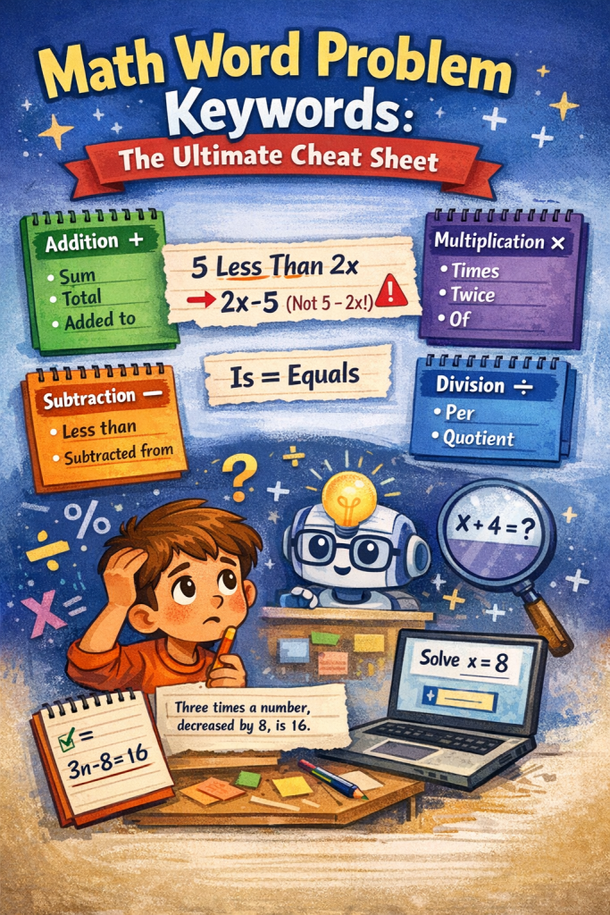 Math word problem keywords cheat sheet illustration showing addition, subtraction, multiplication, division, and “less than” trap example with an AI word problem solver.