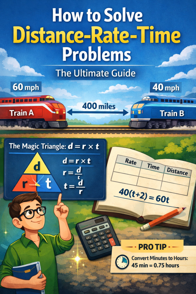 How to solve distance-rate-time problems: two trains (60 mph and 40 mph) with d=rt triangle, equation table, and unit-conversion pro tip illustration.